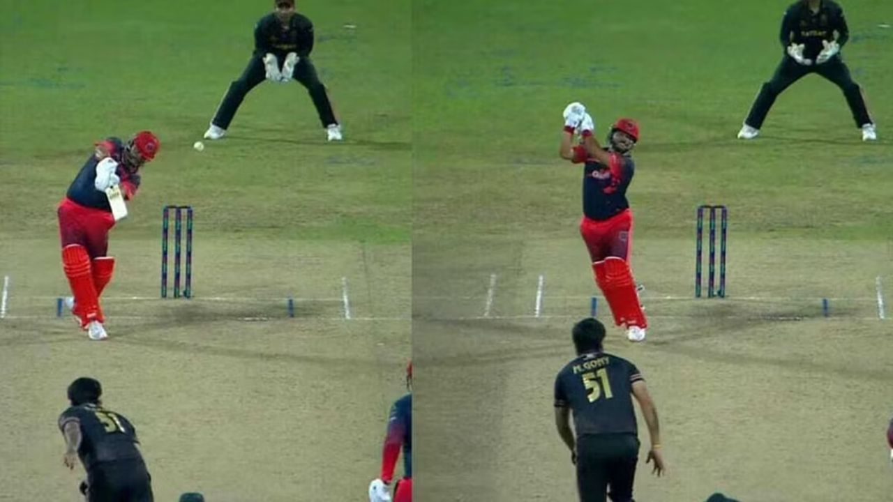 Suresh rain in red and black jersey playing crickrt in two frame
